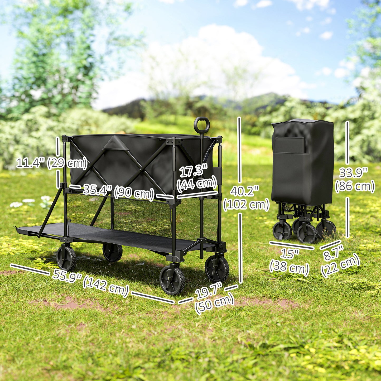 Double Decker Folding Wagon Cart, 450LBS & 350L Capacity Collapsible Garden Cart for Camping Sports Shopping and Beach
