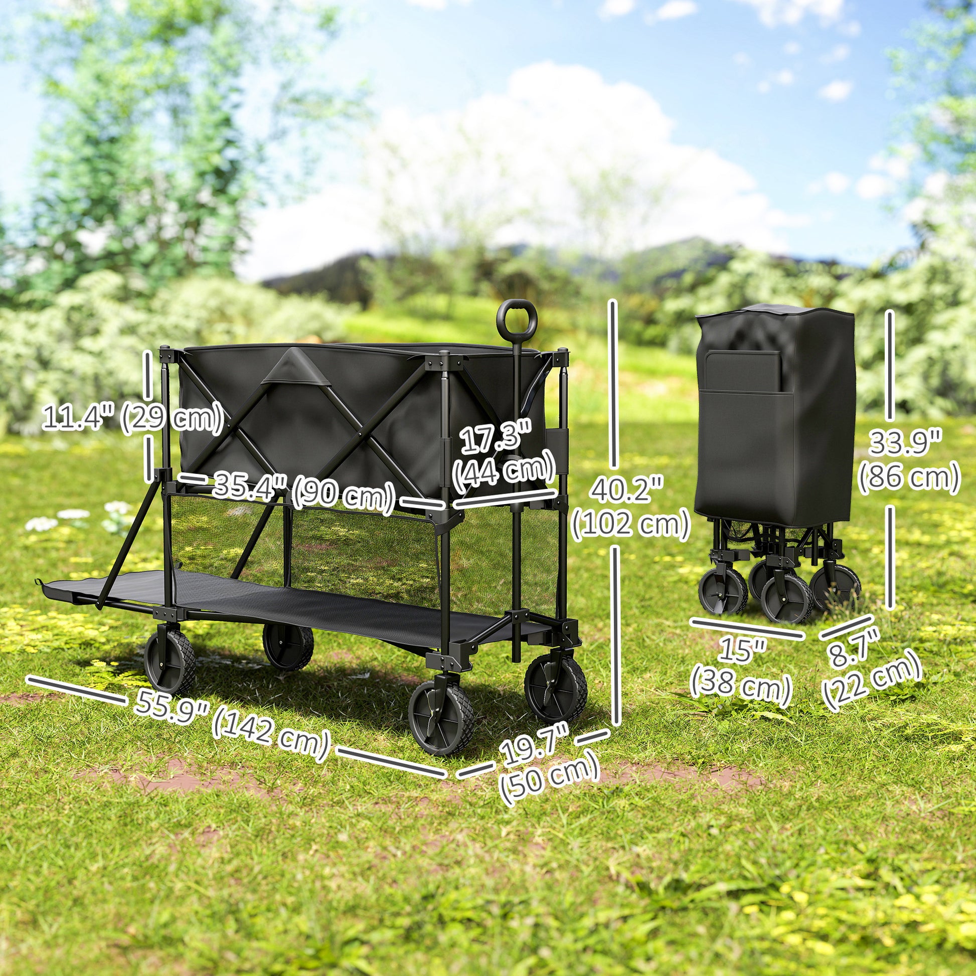 Double Decker Folding Wagon Cart, 450LBS & 350L Capacity Collapsible Garden Cart for Camping Sports Shopping and Beach