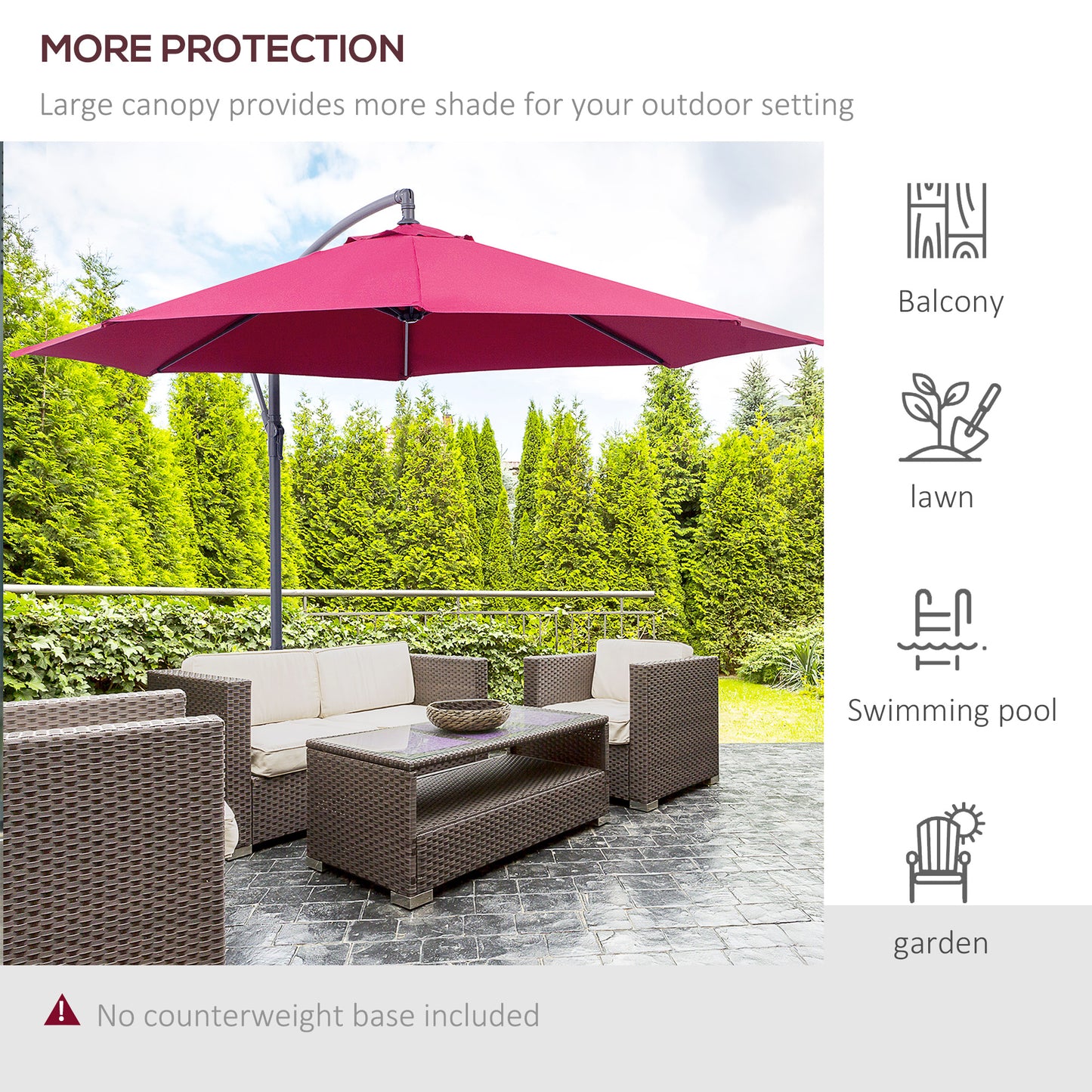 10' Deluxe Patio Umbrella, Outdoor Market Parasol, Banana Hanging Offset Sunshade with Crank, Cross Base, Wine Red