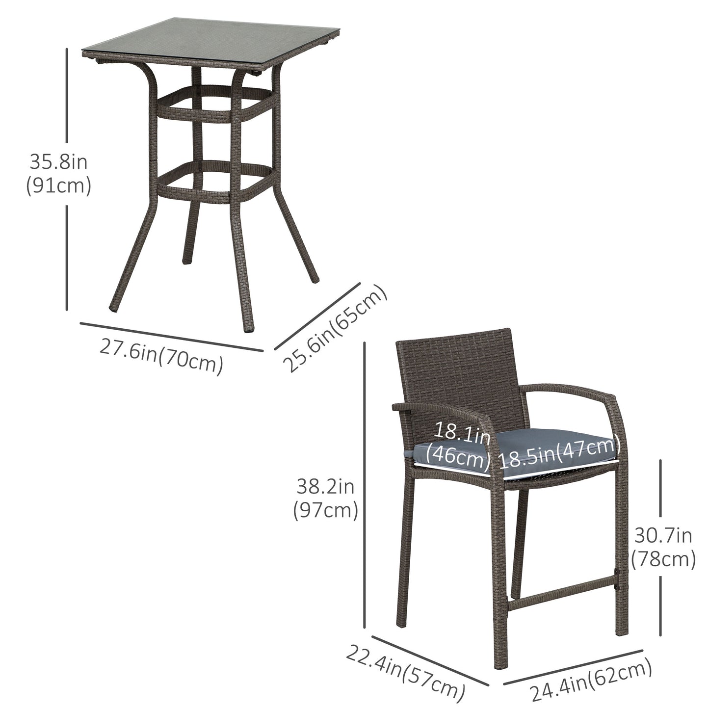 3 Pieces Patio Bar Set Wicker Garden Bistro Set Outdoor Furniture PE Rattan Table and Stools with Seat Cushion, Grey