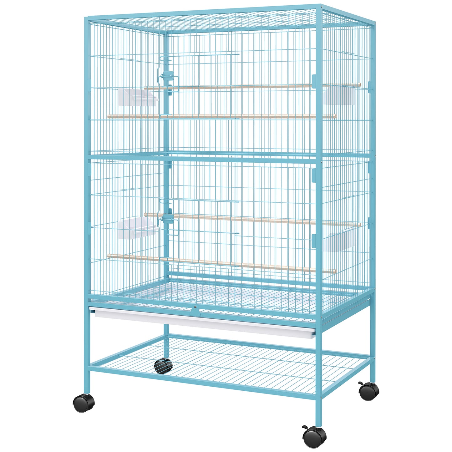 52'' Large Rolling Steel Bird Cage Bird House with Rolling Stand, Storage Shelf, Wood Perch, Food Container, Light Blue