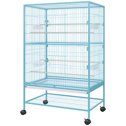 52'' Large Rolling Steel Bird Cage Bird House with Rolling Stand, Storage Shelf, Wood Perch, Food Container, Light Blue