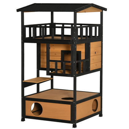 4-Floor Wood Outdoor Cat House Catio for Cats with Condo, Fun Entrances, Perch, Natural