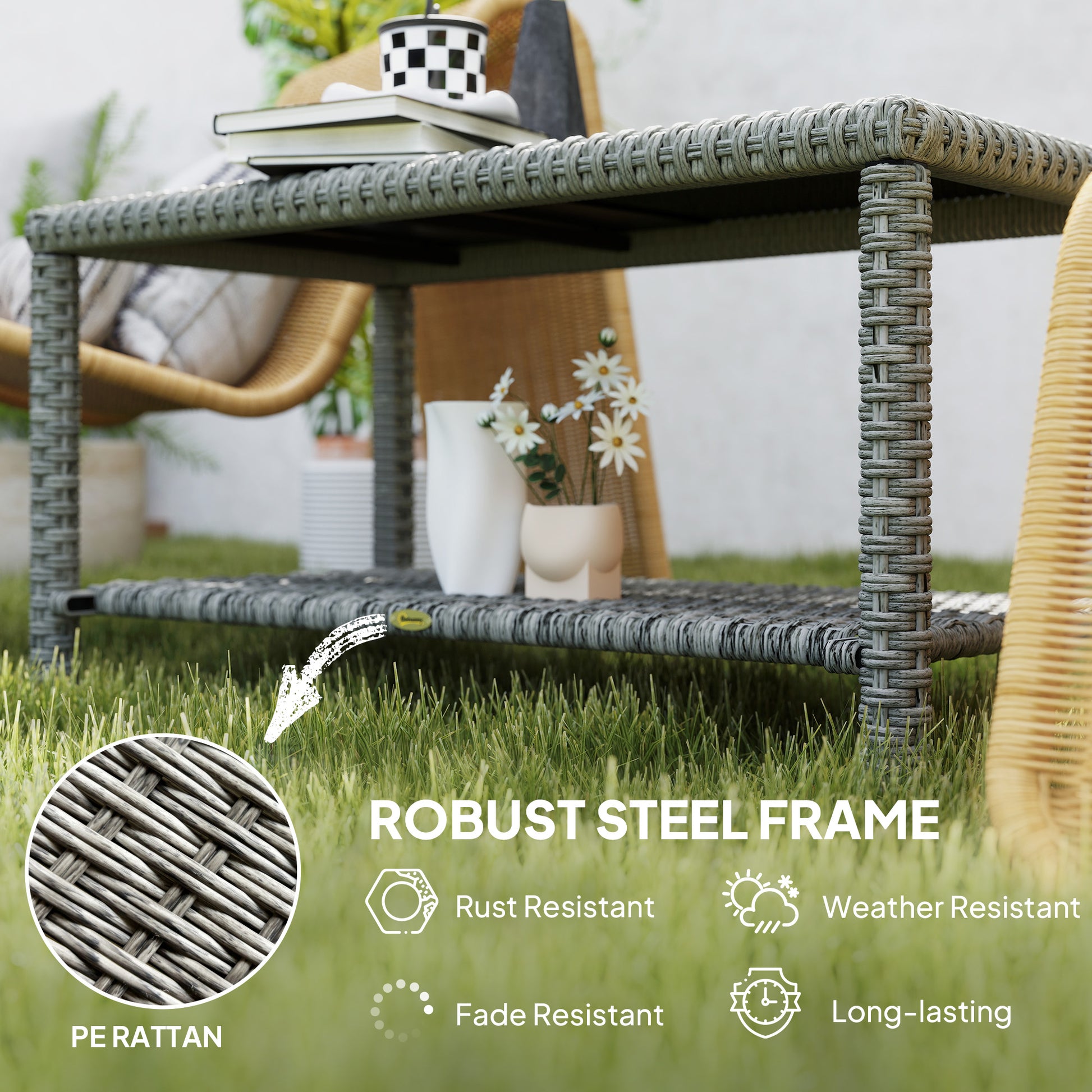 35" Outdoor Wicker Coffee Table with Glass Top, Storage Shelf for Garden Porch Balcony Deck, Dark Grey
