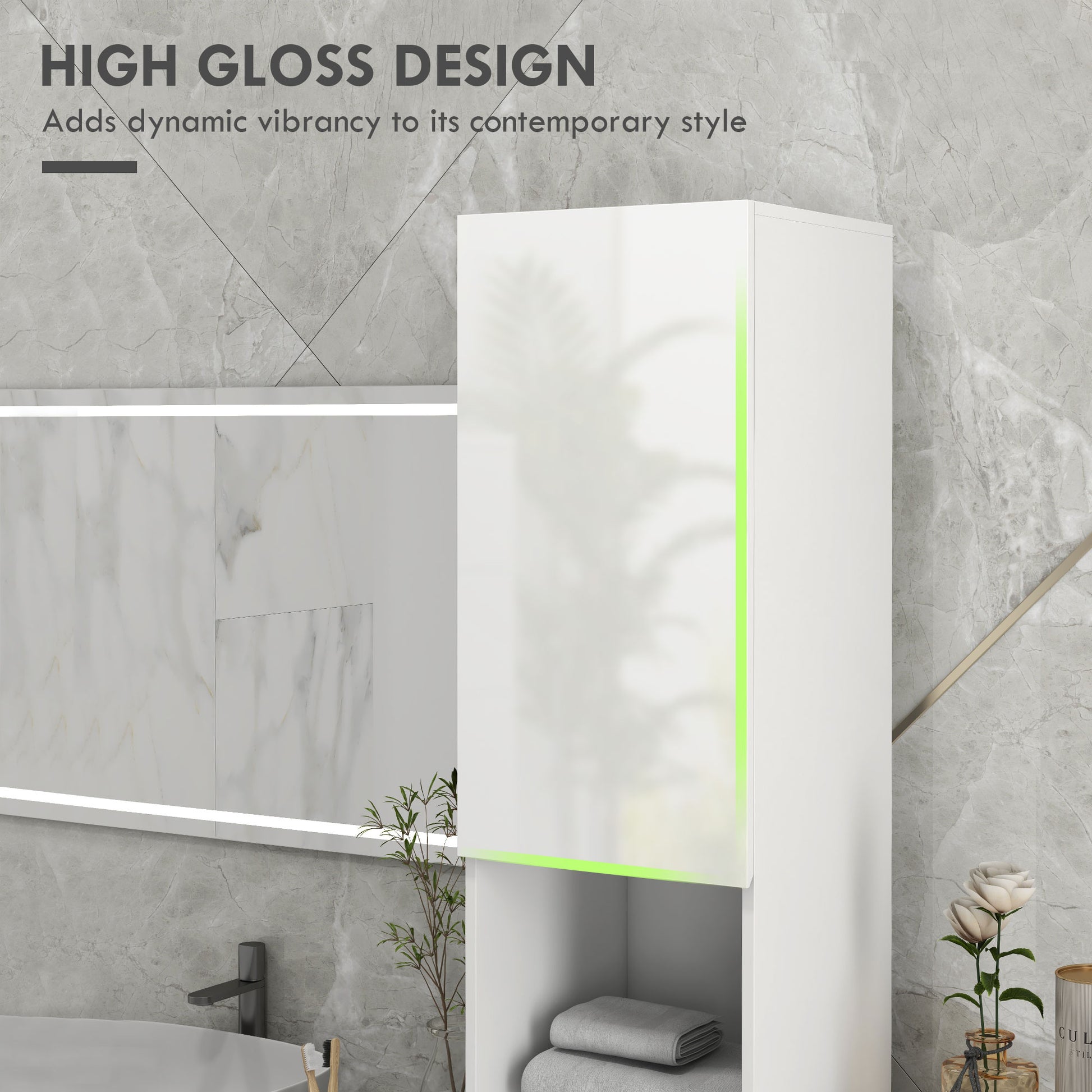 Tall Bathroom Cabinet, High Gloss Storage Cabinet with Doors and Adjustable Shelves, 11.8" x 11.8" x 71.5", White