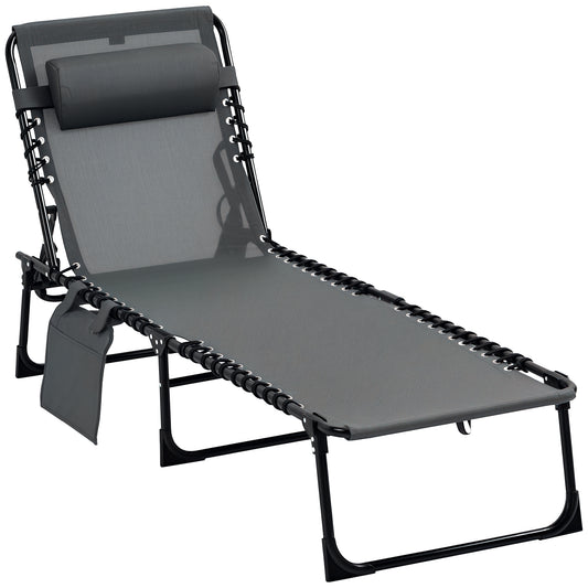 Outdoor Folding Chaise Lounge, Reclining Lounge Chair with Adjustable Backrest and Removable Pillow, Grey