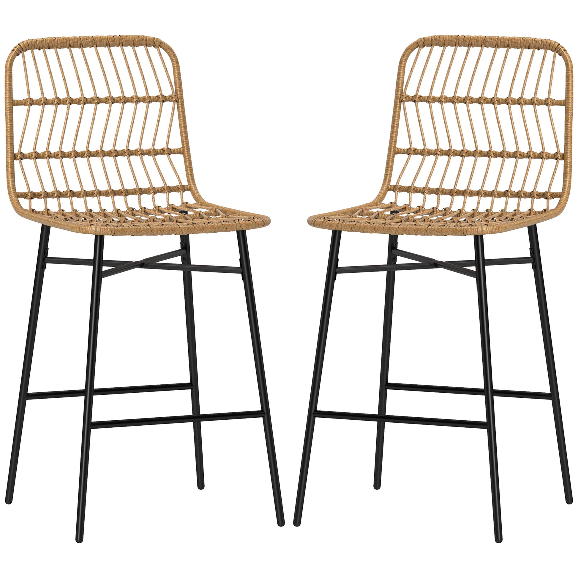 Rattan Counter Height Bar Stools Set of 2, 26" Counter Stools with Back, Modern Bar Chairs for Kitchen Island, Brown
