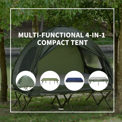 All in 1 Camping Combo Portable Folding Camping Tent Cot Air Mattress w/ Carry Bag and Pump Hiking Shelter Sleeping Bed Dark Green