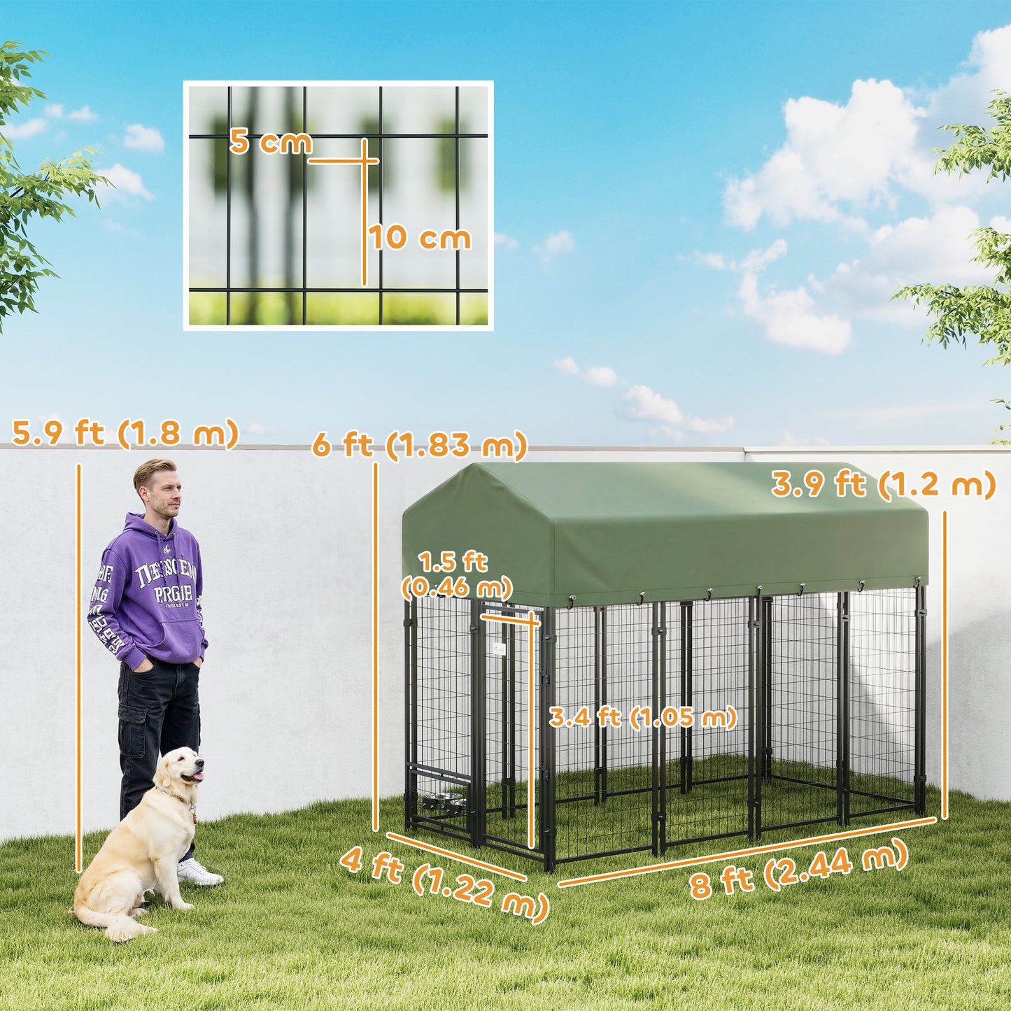 8' x 4' x 6' Outdoor Dog Kennel, Dog Kennel Outside Run with 360° Rotating Bowls, Waterproof & UV Resistant Cover Green