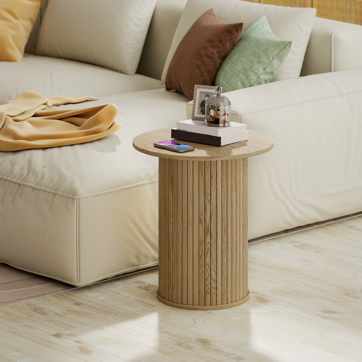 Round Side Table, Fluted Accent End Table, Narrow Nightstand for Small Spaces, Living Room, Oak