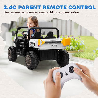 Aosom 12V Ride on Car with Electric Bucket, Two-Seater, Shovel, Remote Control, Spring Suspension, Horn, Music, White