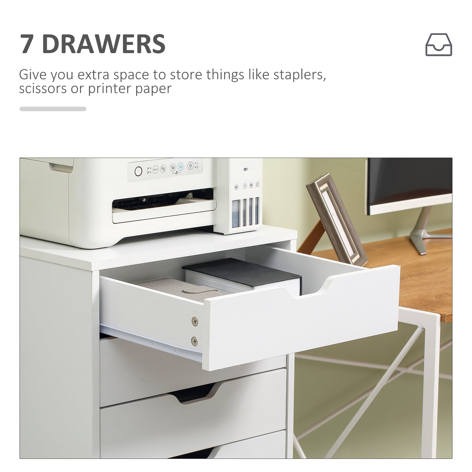 7-drawer Vertical File Cabinet for Home Office, Storage Cabinet with Wheels, 18.7"x15.6"x35.4", White