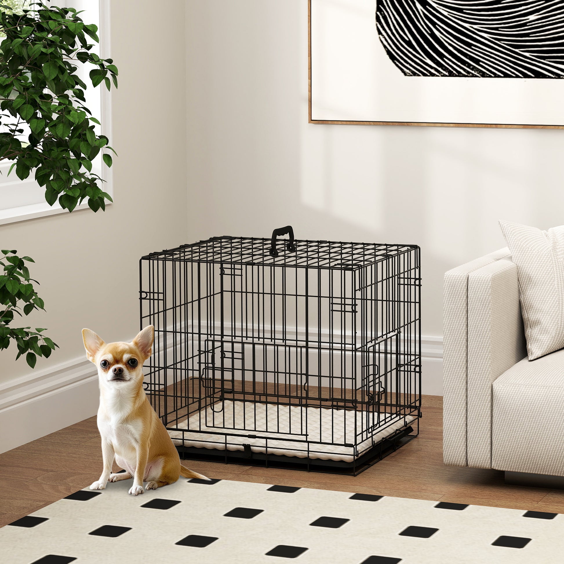 24" Dog Crate with 2 Doors, Folding Metal Dog Cage with Soft Cushion, Removable Tray, Handle for Extra Small Dogs, Black