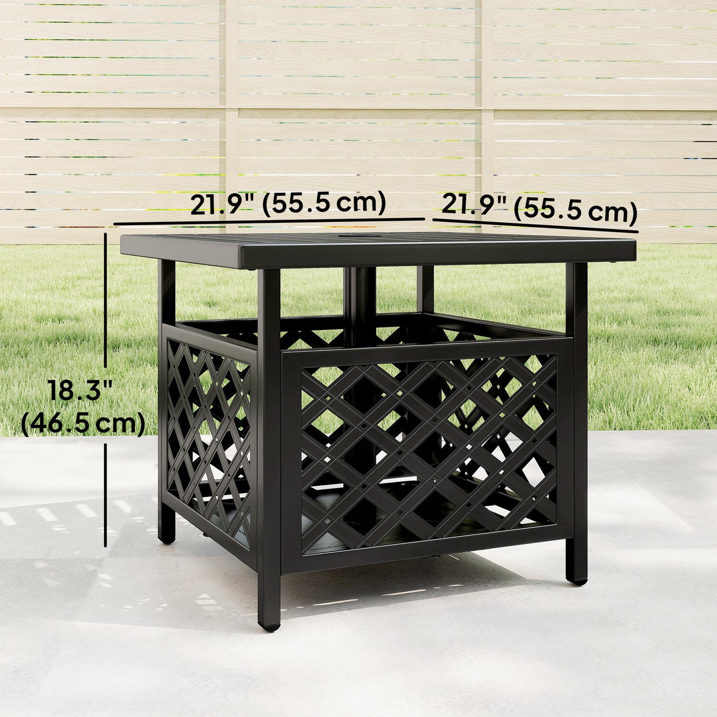 22" Outdoor Coffee Table, Patio Side Table with Umbrella Hole Slatted, Metal Top, for Garden, Backyard, Poolside, Black