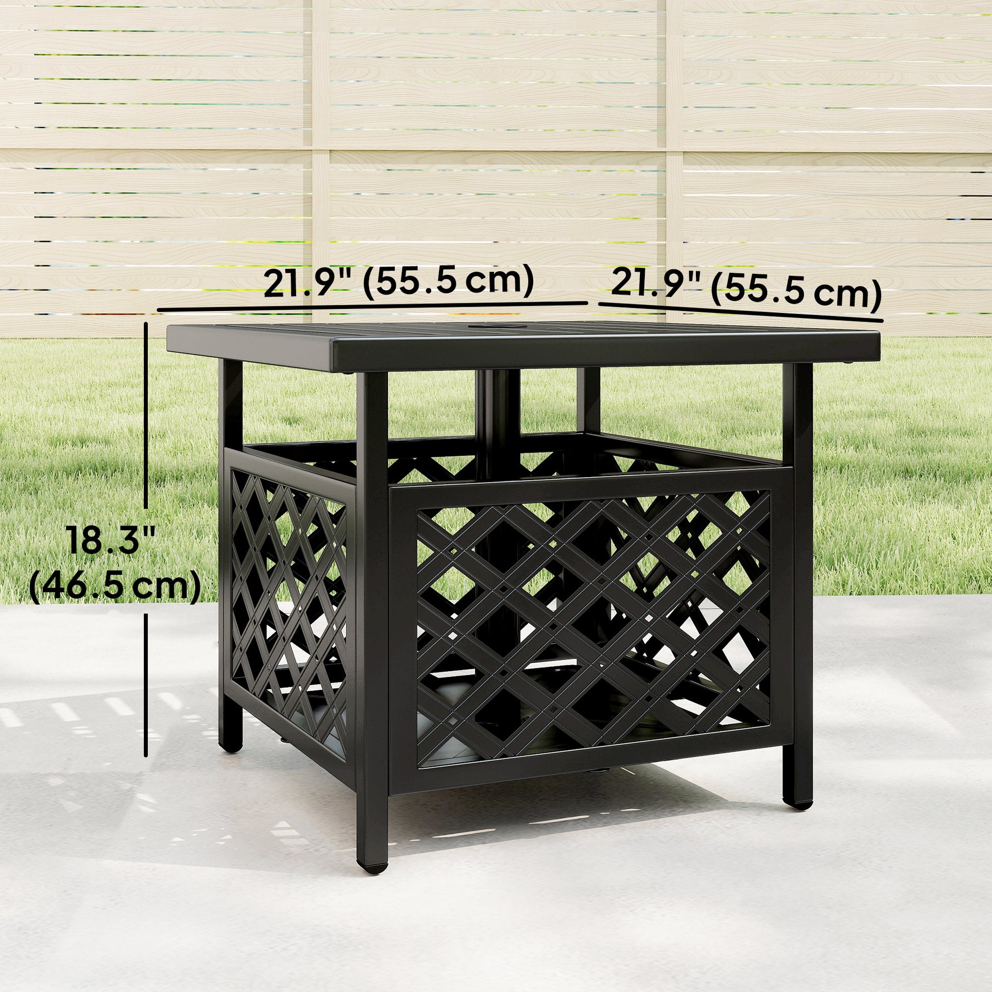 22" Outdoor Coffee Table, Patio Side Table with Umbrella Hole Slatted, Metal Top, for Garden, Backyard, Poolside, Black