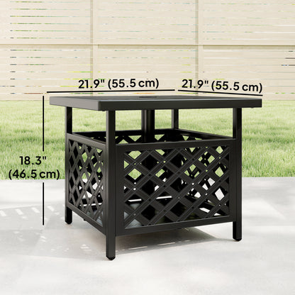 22" Outdoor Coffee Table, Patio Side Table with Umbrella Hole Slatted, Metal Top, for Garden, Backyard, Poolside, Black