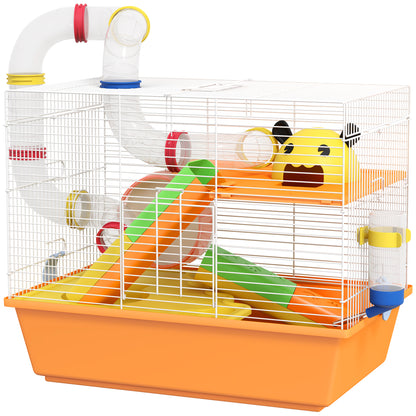 3 Tiers Hamster Cage for Gerbil, Dwarf Hamster with Tunnels, Water Bottle, Exercise Wheel, 18" x 11" x 15" - Orange