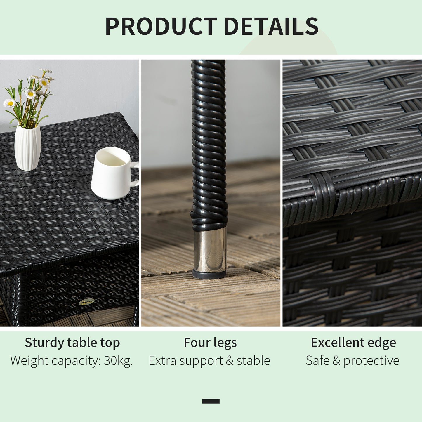 20" Patio Wicker Coffee Table, Outdoor Coffee Table with Plastic Board Underneath the Woven Tabletop for Patio, Garden, Balcony, Black