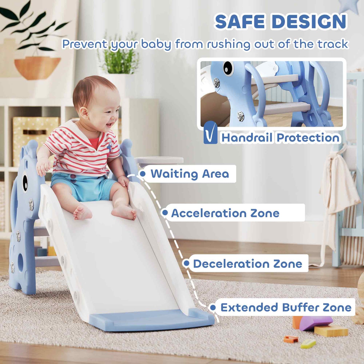 Qaba 3 in 1 Toddler Slide for Age 1-3, Kids Slide with Climber, Basketball Hoop and Ball, Giraffe Design, Blue