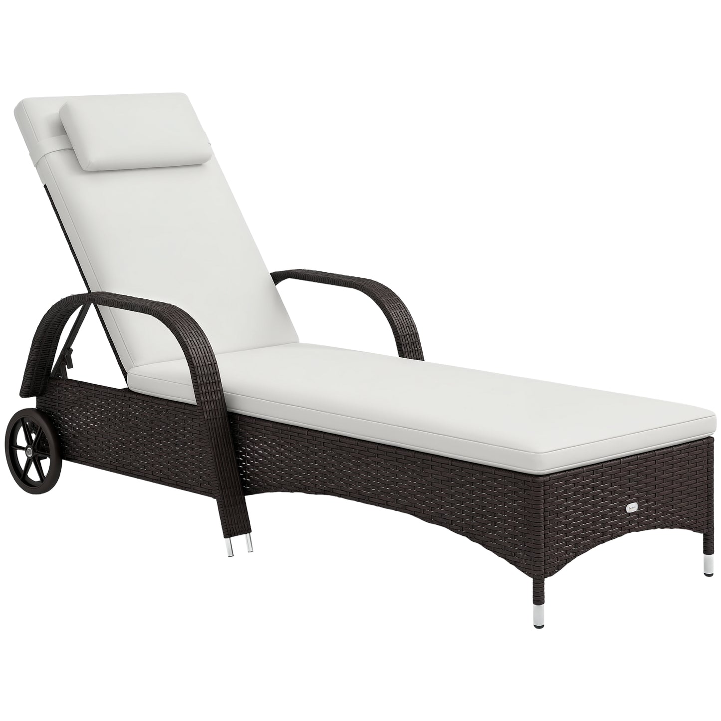 Wicker Chaise Lounge, Outdoor Lounge Chair, PE Rattan Patio Sun lounger with Head-rest, 5-Level Height Adjust Backrest, Cushion & Wheels, Mixed Brown and Cream White