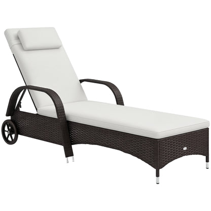 Wicker Chaise Lounge, Outdoor Lounge Chair, PE Rattan Patio Sun lounger with Head-rest, 5-Level Height Adjust Backrest, Cushion & Wheels, Mixed Brown and Cream White