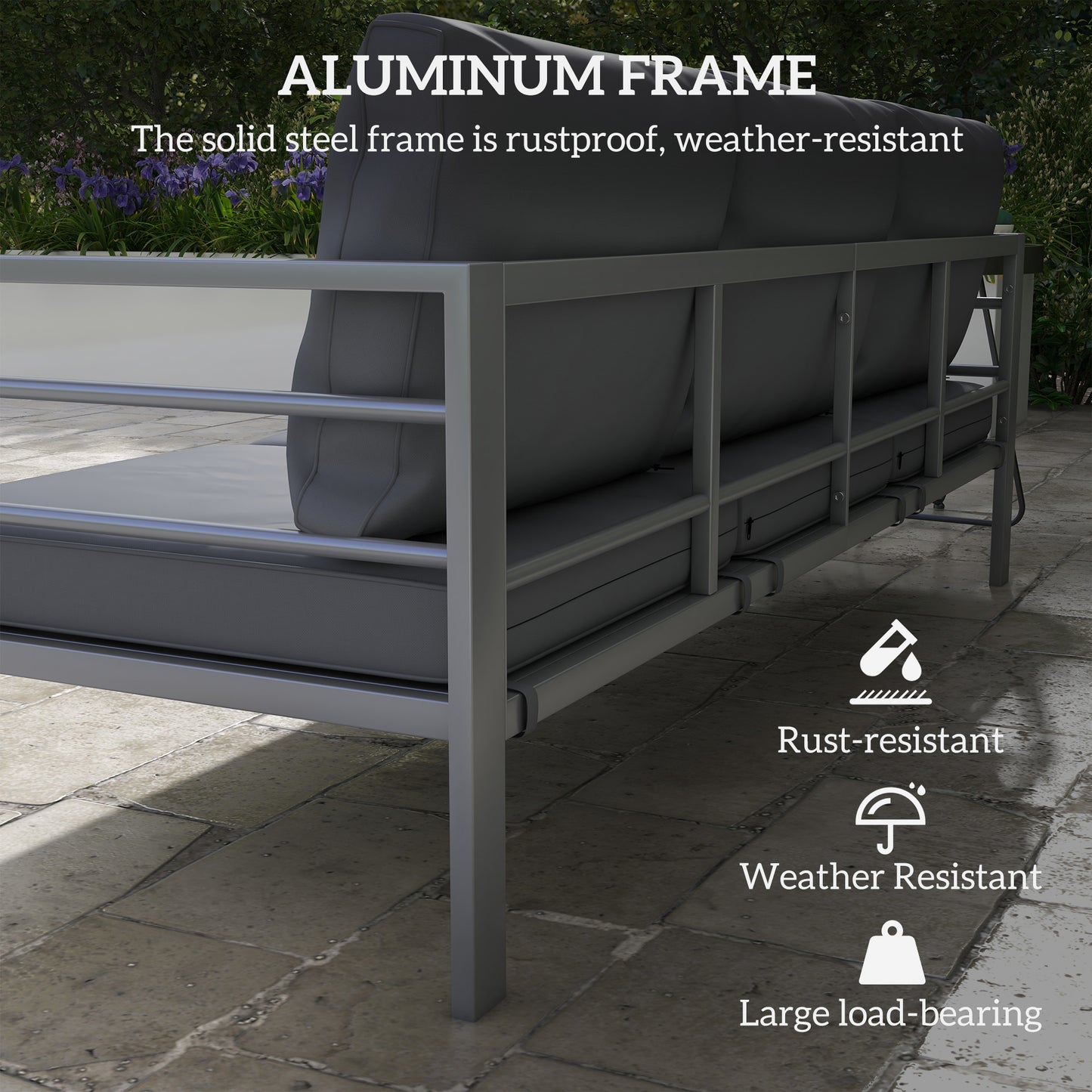Aluminum Garden Sofa, 3-Person Outdoor Couch, Backyard Furniture for 3-person with Cushions, 72.8" x 26" x 25.2", Grey
