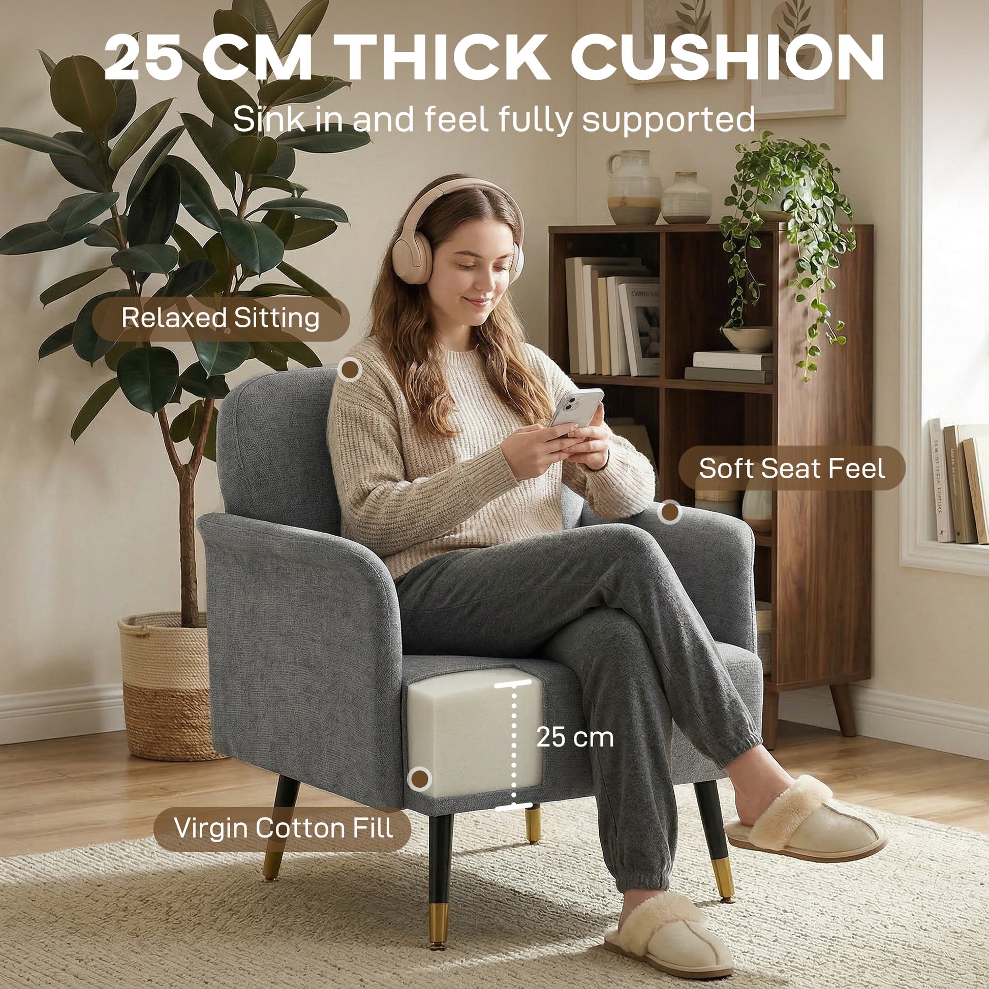 Accent Chair Modern Tufted with Metal Legs Upholstered Reading Armchair for Living Room Grey