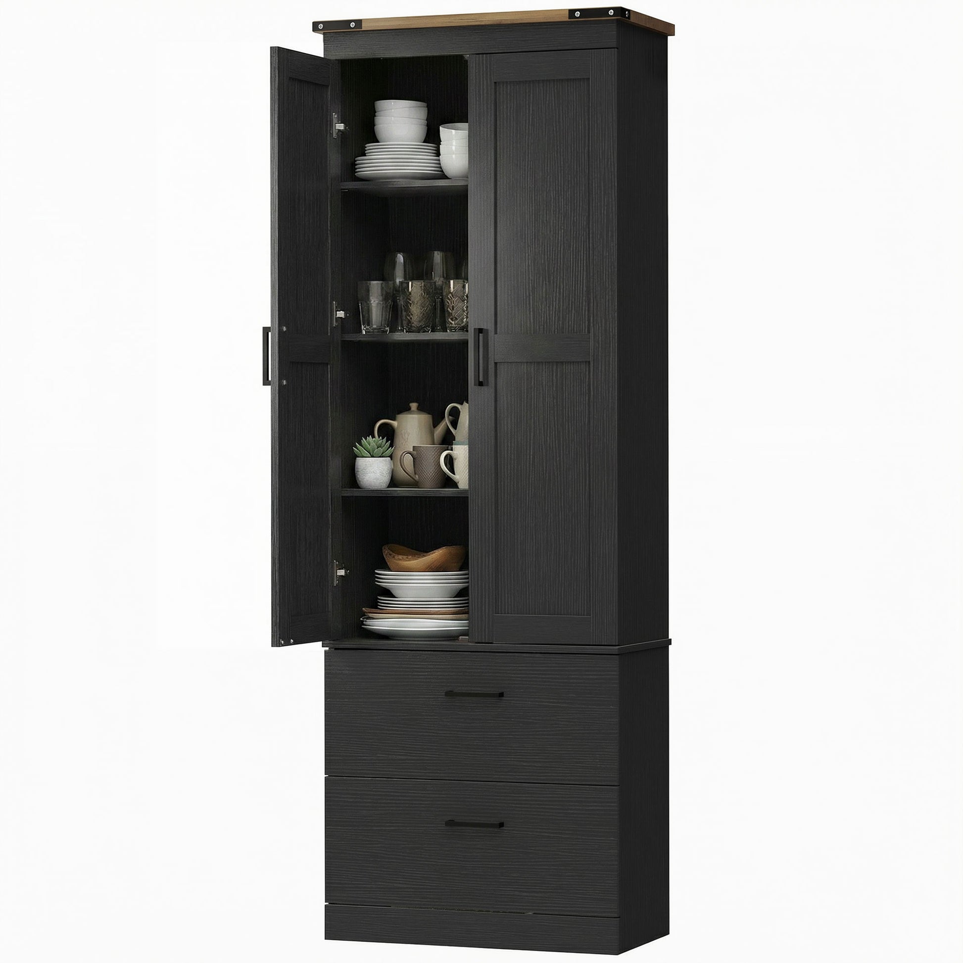 67" Tall Kitchen Pantry Storage Cabinet, Kitchen Pantry Cabinet with Doors, Drawers and Adjustable Shelves, Black