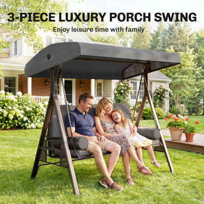 Outdoor Patio 3-Person Steel Canopy Cushioned Seat Bench Swing with Included Side Trays & Padded Comfort, Dark Grey