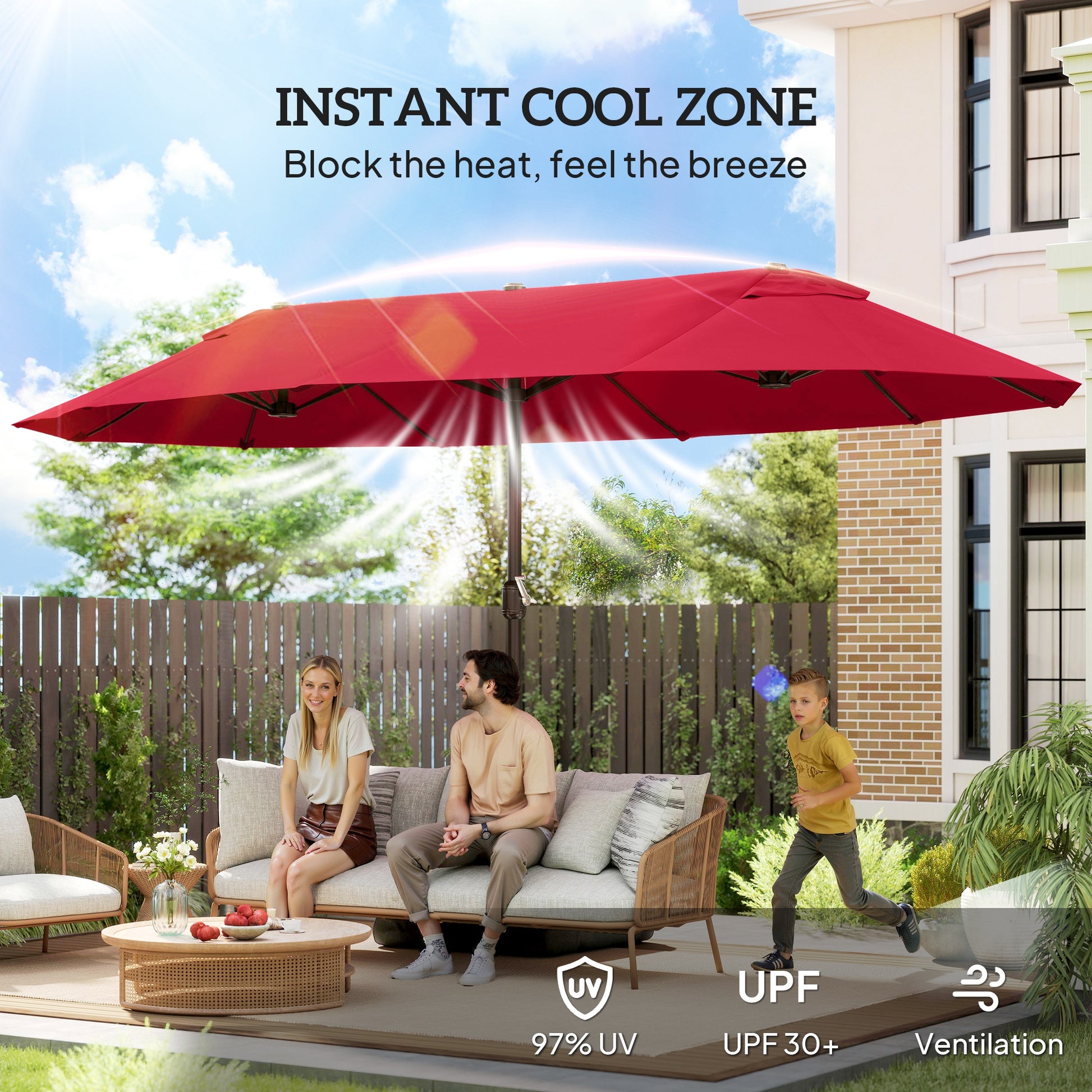 15' Outdoor Patio Umbrella with Twin Canopy Sunshade Steel Table Umbrella with Lift Crank, Cross base, Sandbag, Wine Red