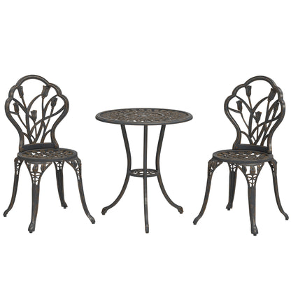 3PCs Patio Bistro Set, Outdoor Cast Aluminum Garden Table and Chairs with Umbrella Hole for Balcony, Bronze