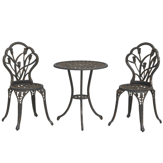 3PCs Patio Bistro Set, Outdoor Cast Aluminum Garden Table and Chairs with Umbrella Hole for Balcony, Bronze