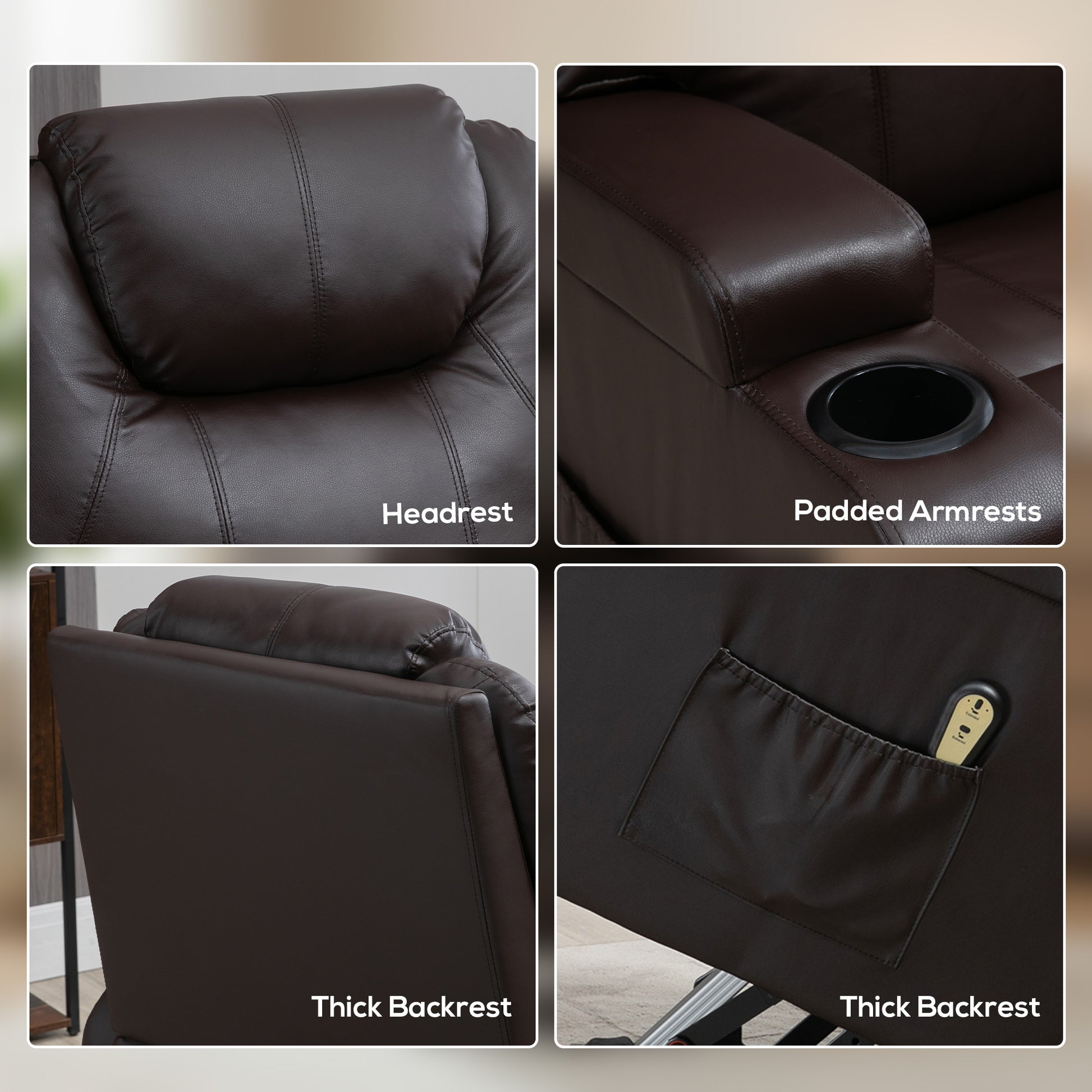 Power Lift Recliner Chair for Elderly, PU Leather Lift Chair with Thick and High Back, Footrest, Remote, Side Pockets, Cup Holders, Reclining Sofa for Living Room, Brown