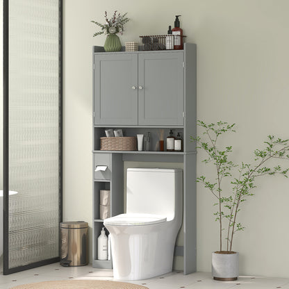 Modern Over the Toilet Storage Cabinet with 2 Doors, Above Commode Storage Cabinet with Toilet Paper Holder, Grey