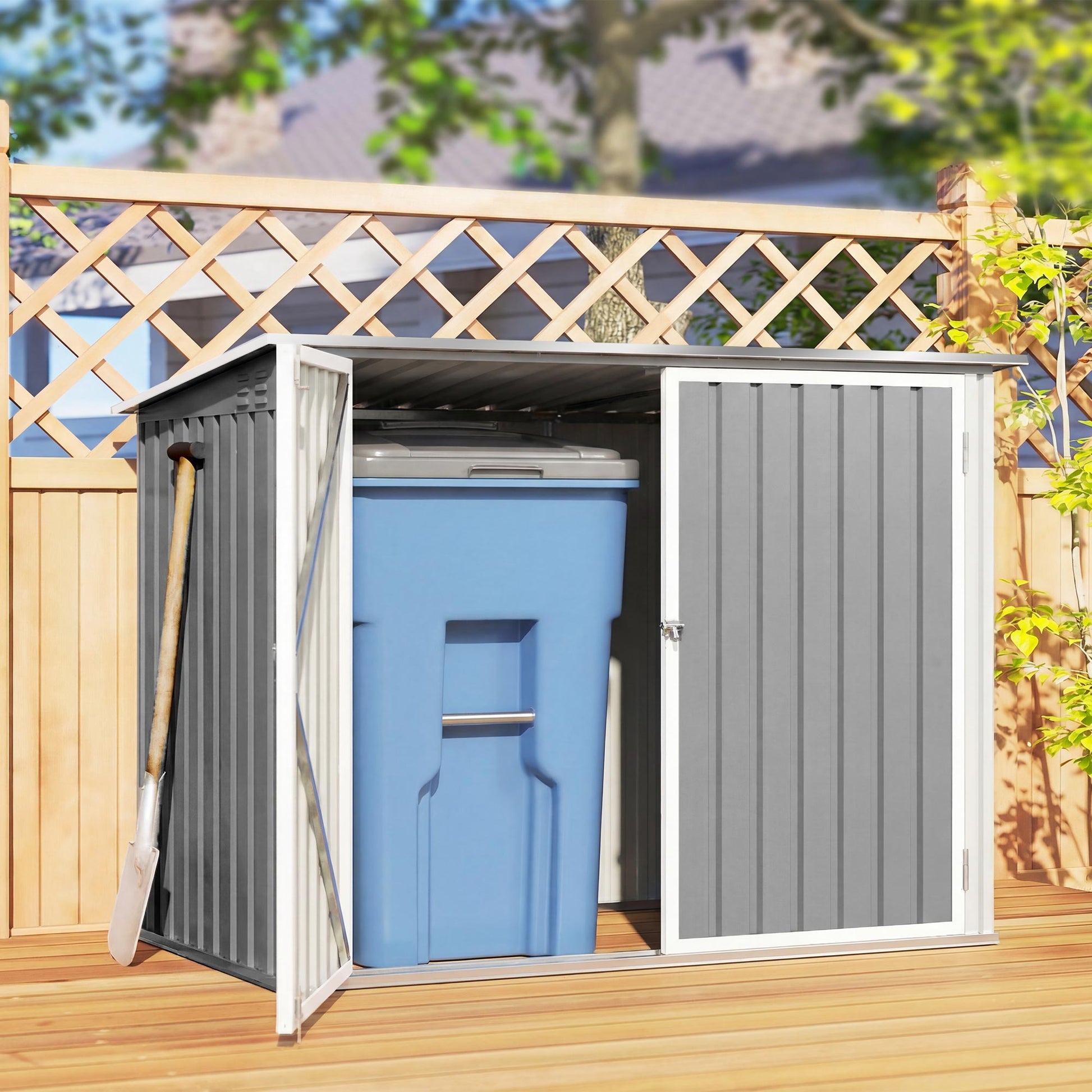 Outdoor Metal Storage Shed Garden Garbage Can Organizer with Double Door and Vents for 2 Trash Cans, Light Grey