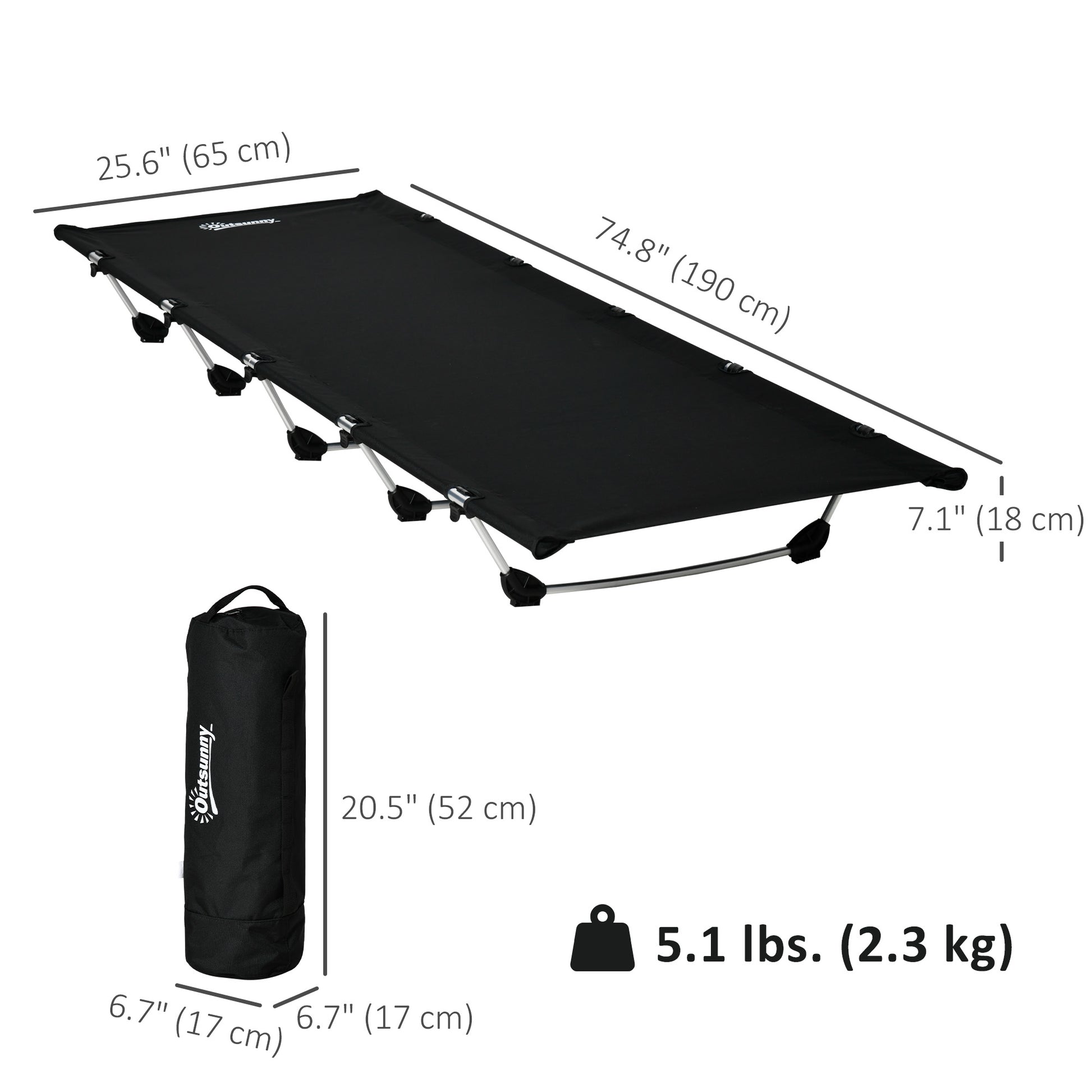 Lightweight Camping Cot, Aluminium Portable Folding Bed w/ Strong Support 331 lbs and Carry Bag for Camping, Black