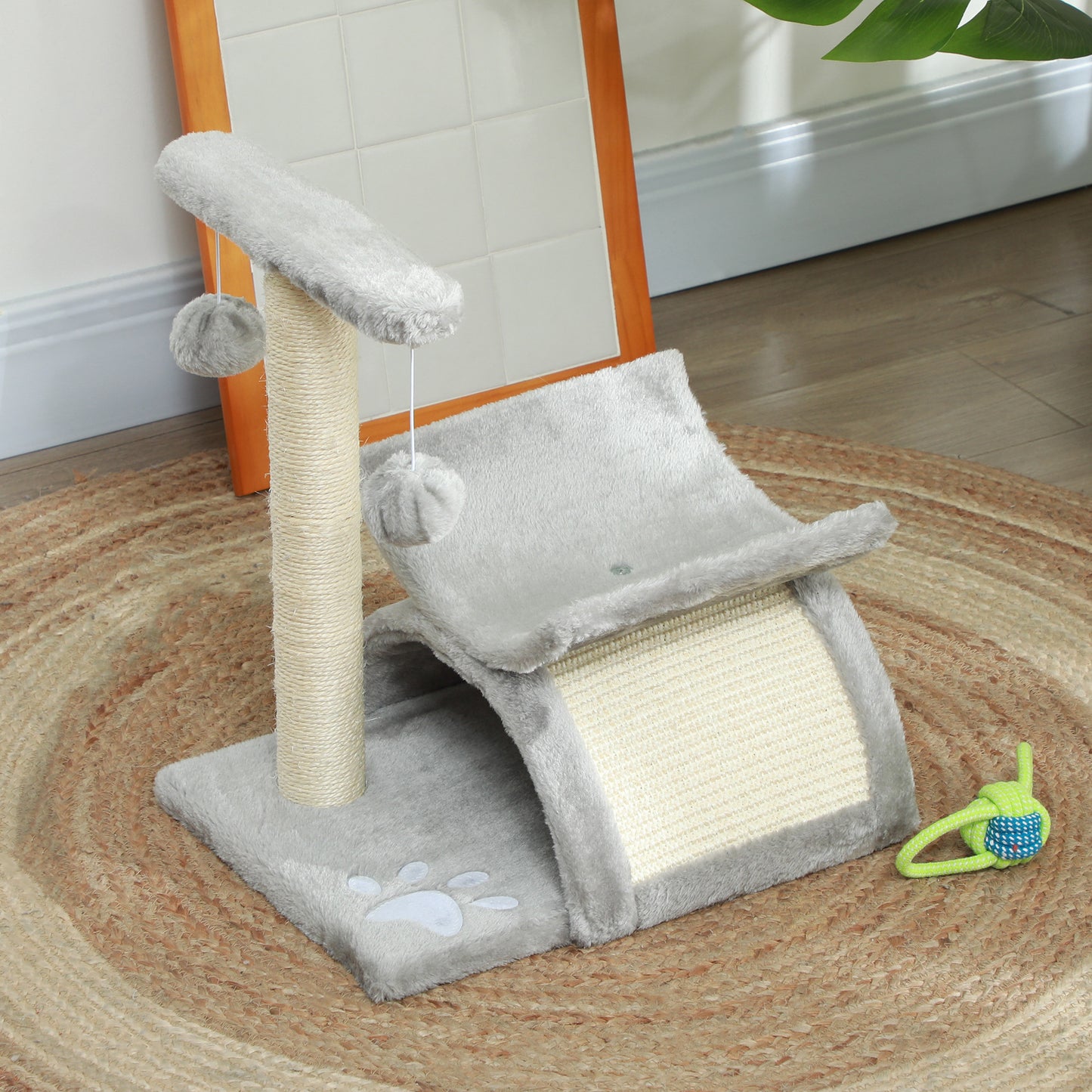 17" Small Cat Tree with Scratching Post, Cat Tower with Rotatable Top Pole, Platform, 2 Dangling Balls, Light Grey
