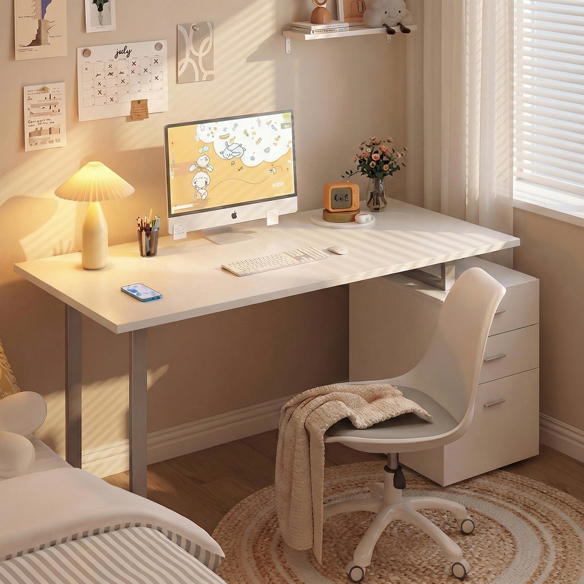 47" Computer Desk Writing Table Workstation with Multi-Use Reversible File Drawers Metal Frame Home Office Furniture, White