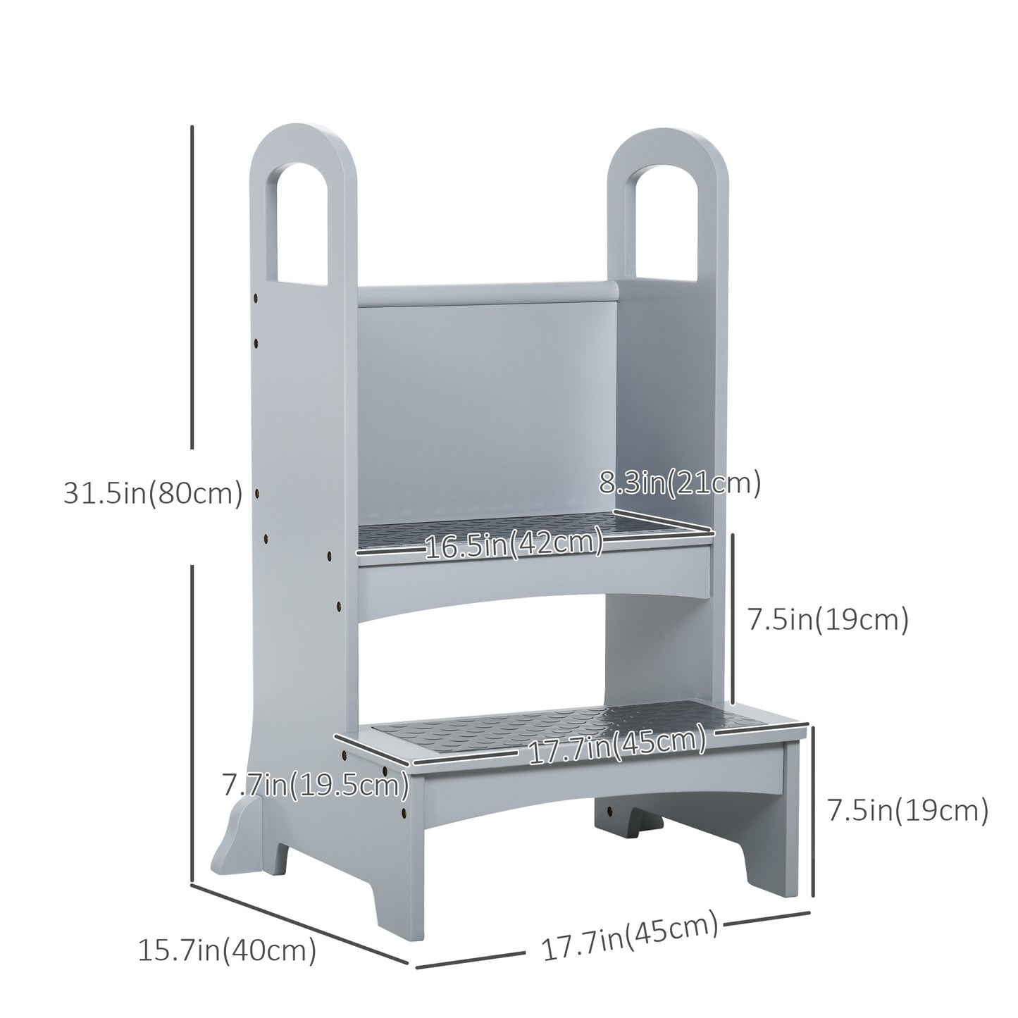 Qaba 2 Step Stool Kids Kitchen Helper with Support Handles and Non-Slip Pad for Kitchen, Living room and Bathroom, Grey