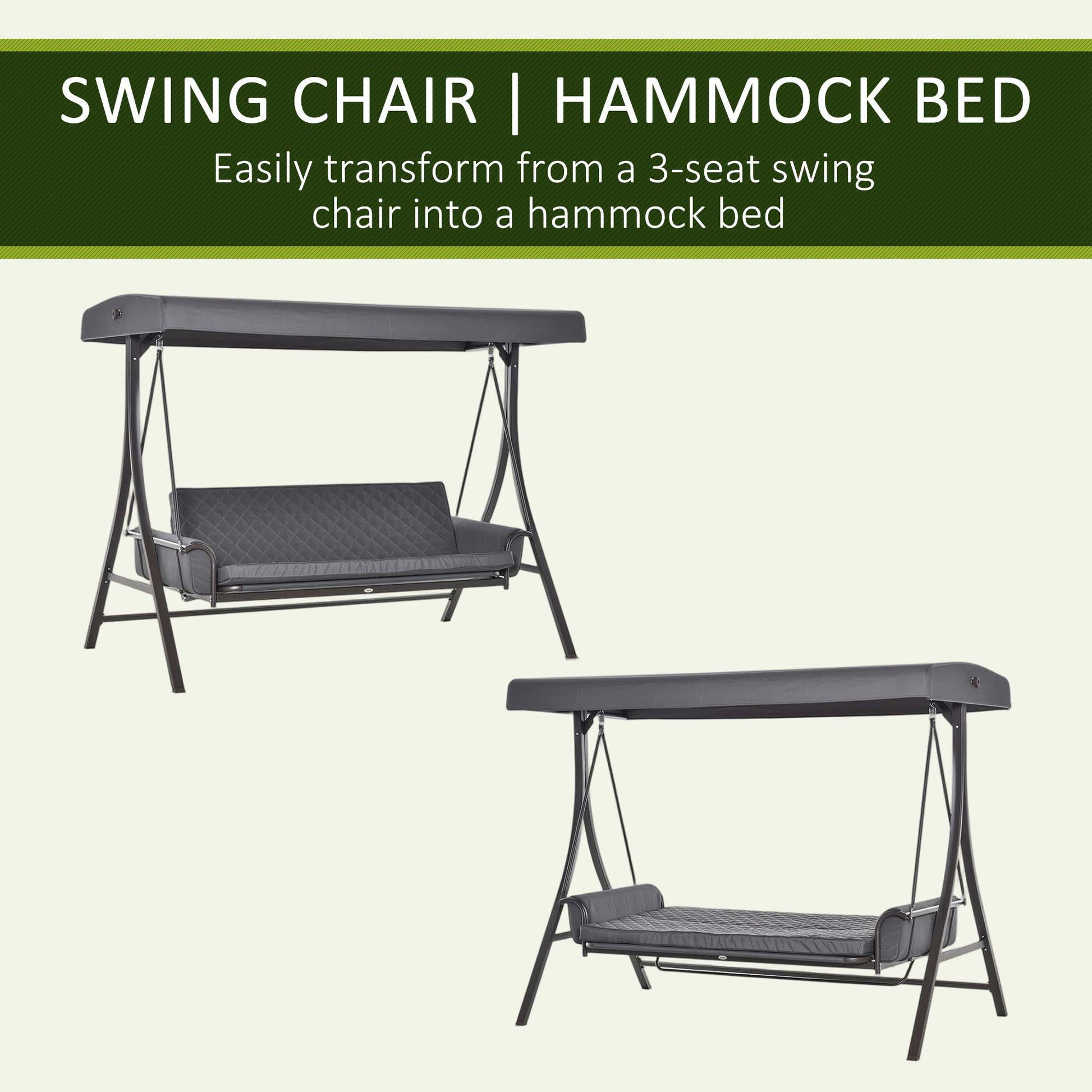 3 Person Porch Swing Bench with Adjustable Canopy, Cushions, Pillows for Porch and Backyard, Dark Grey