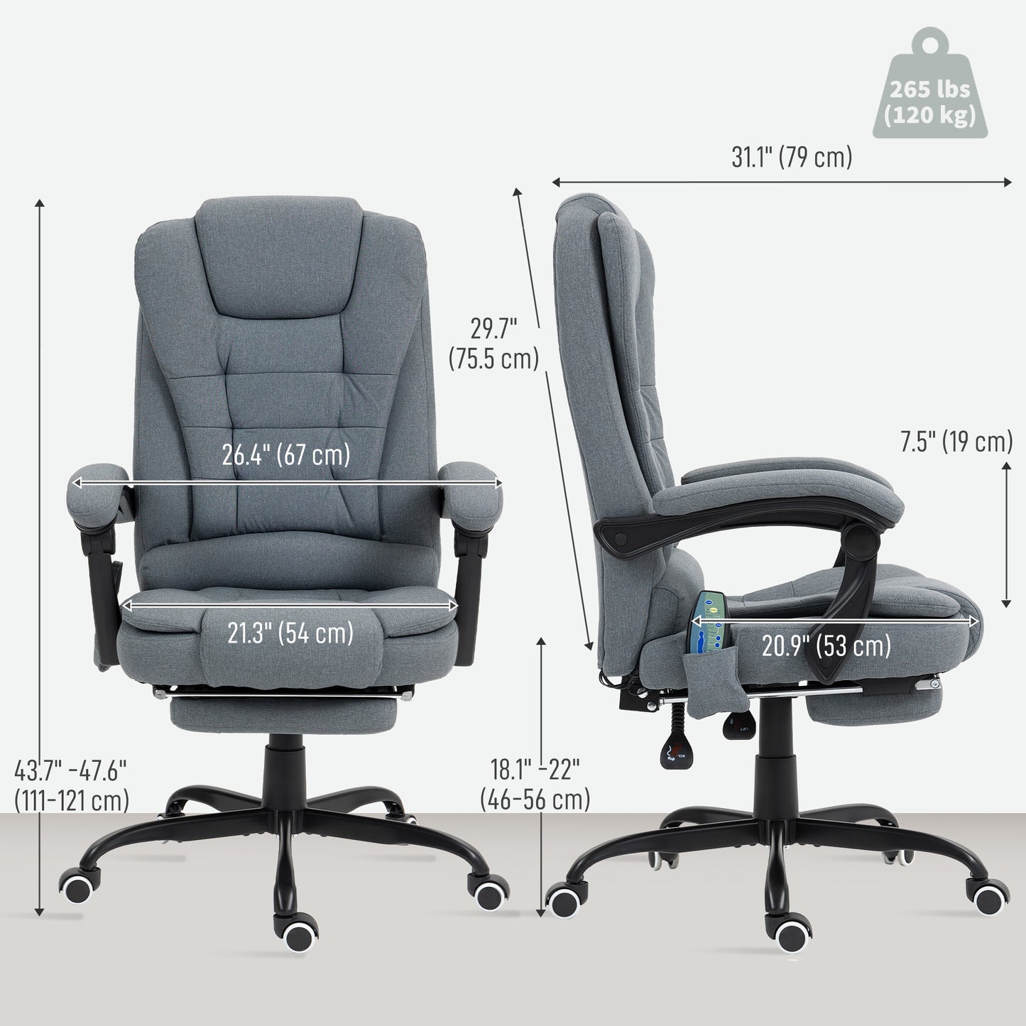 7-Point Vibrating Massage Chair, Reclining Office Chair with Footrest, Reclining Back, Adjustable Height, Grey