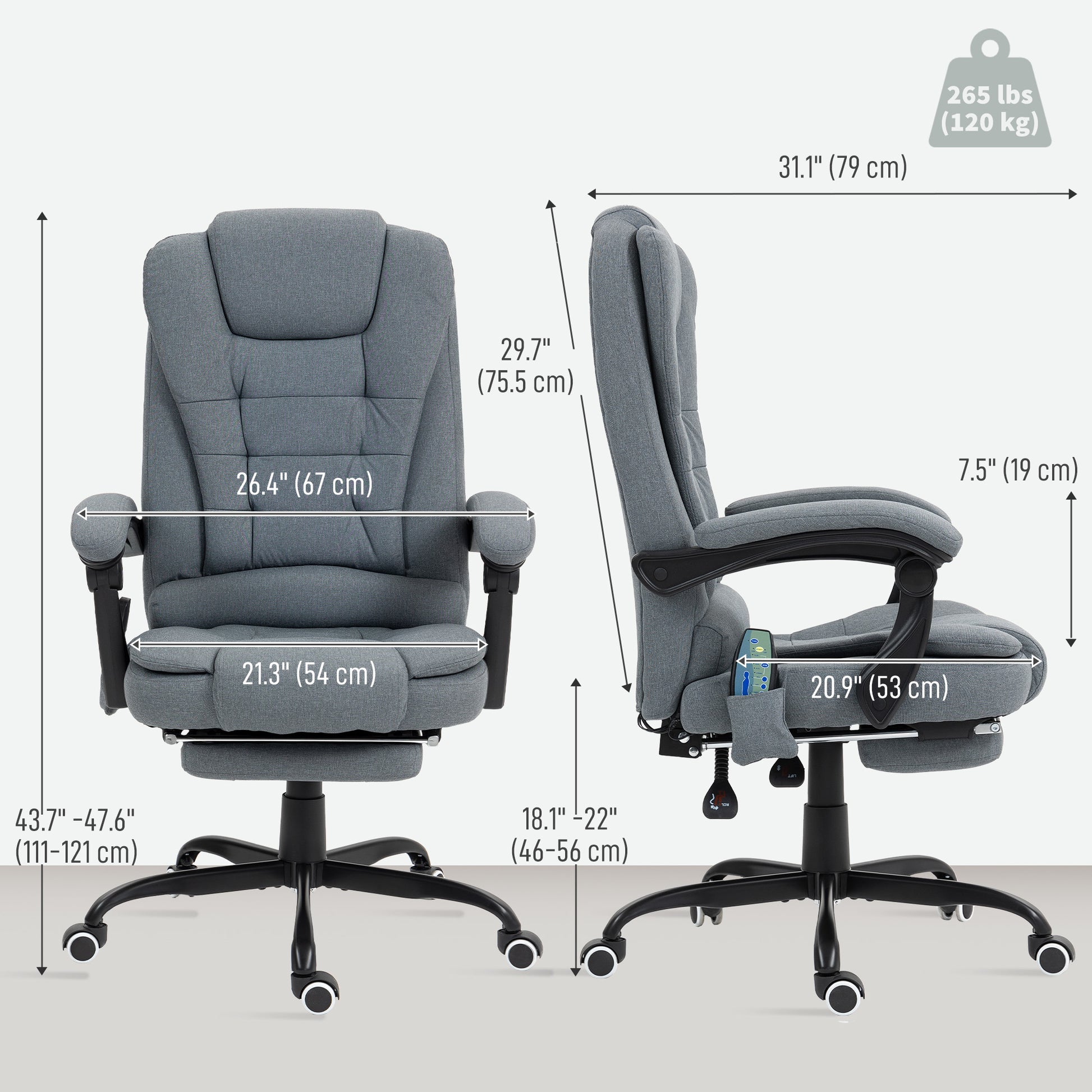 7-Point Vibrating Massage Chair, Reclining Office Chair with Footrest, Reclining Back, Adjustable Height, Grey