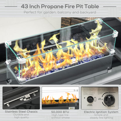Propane Fire Pit Table 43" Outdoor Fire Table, 50,000 BTU Pulse-Ignition Wicker Firepit Furniture with Glass Wind Guard, Blue Glass Rock, CSA Certification, Coffee