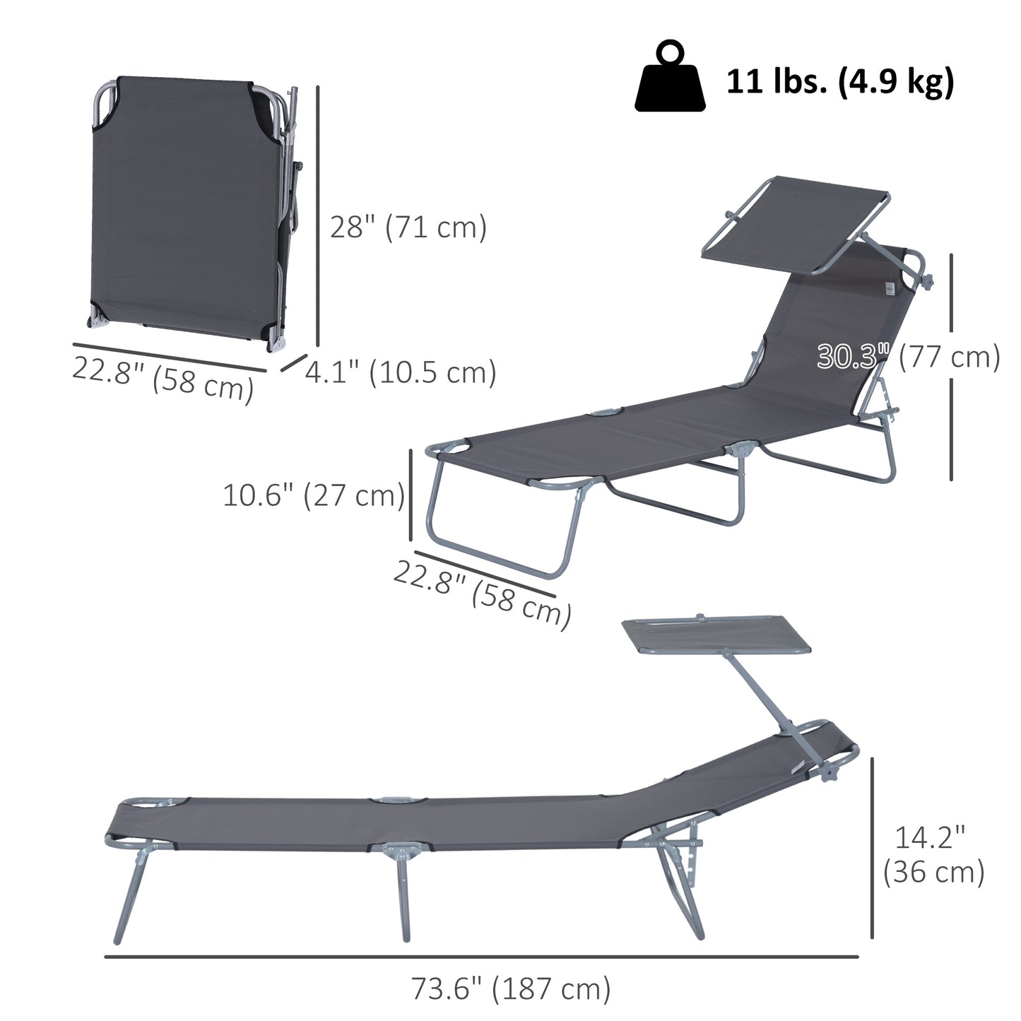 Outdoor Lounge Chair, Adjustable Folding Chaise Lounge, Tanning Chair with Sun Shade for Beach, Camping, Hiking, Backyard, Grey