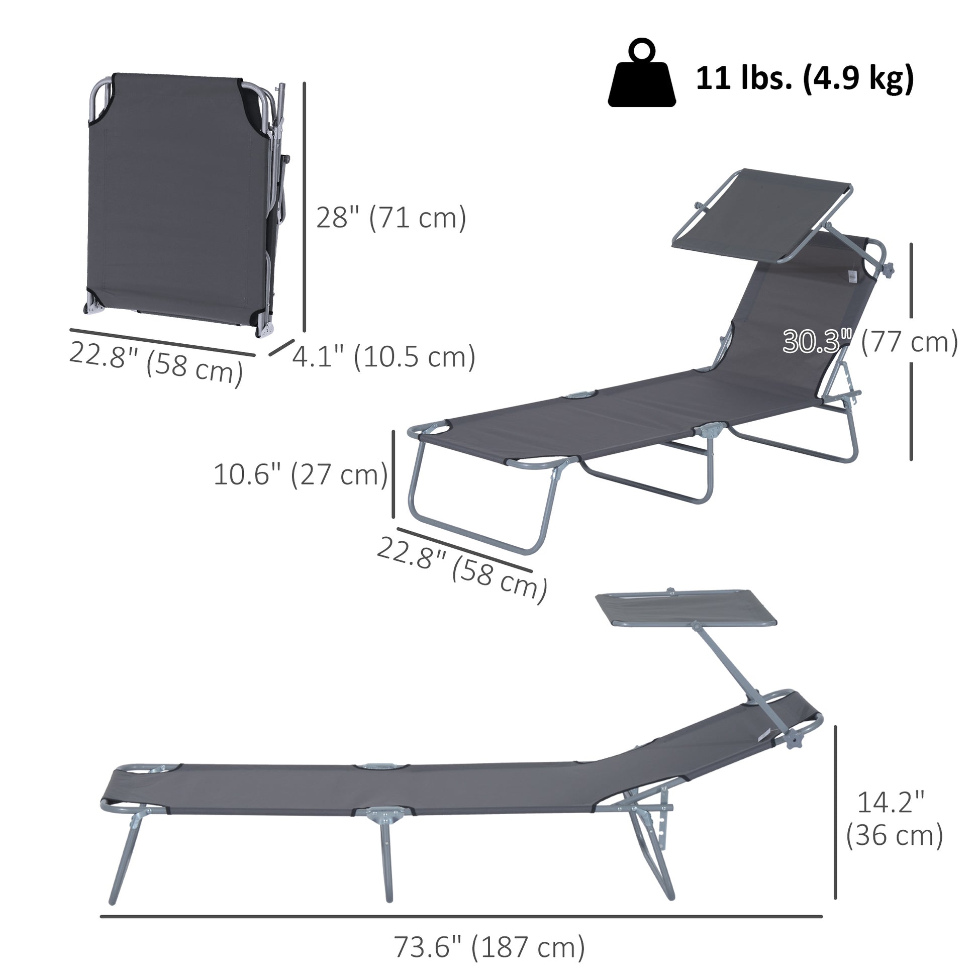 Outdoor Lounge Chair, Adjustable Folding Chaise Lounge, Tanning Chair with Sun Shade for Beach, Camping, Hiking, Backyard, Grey