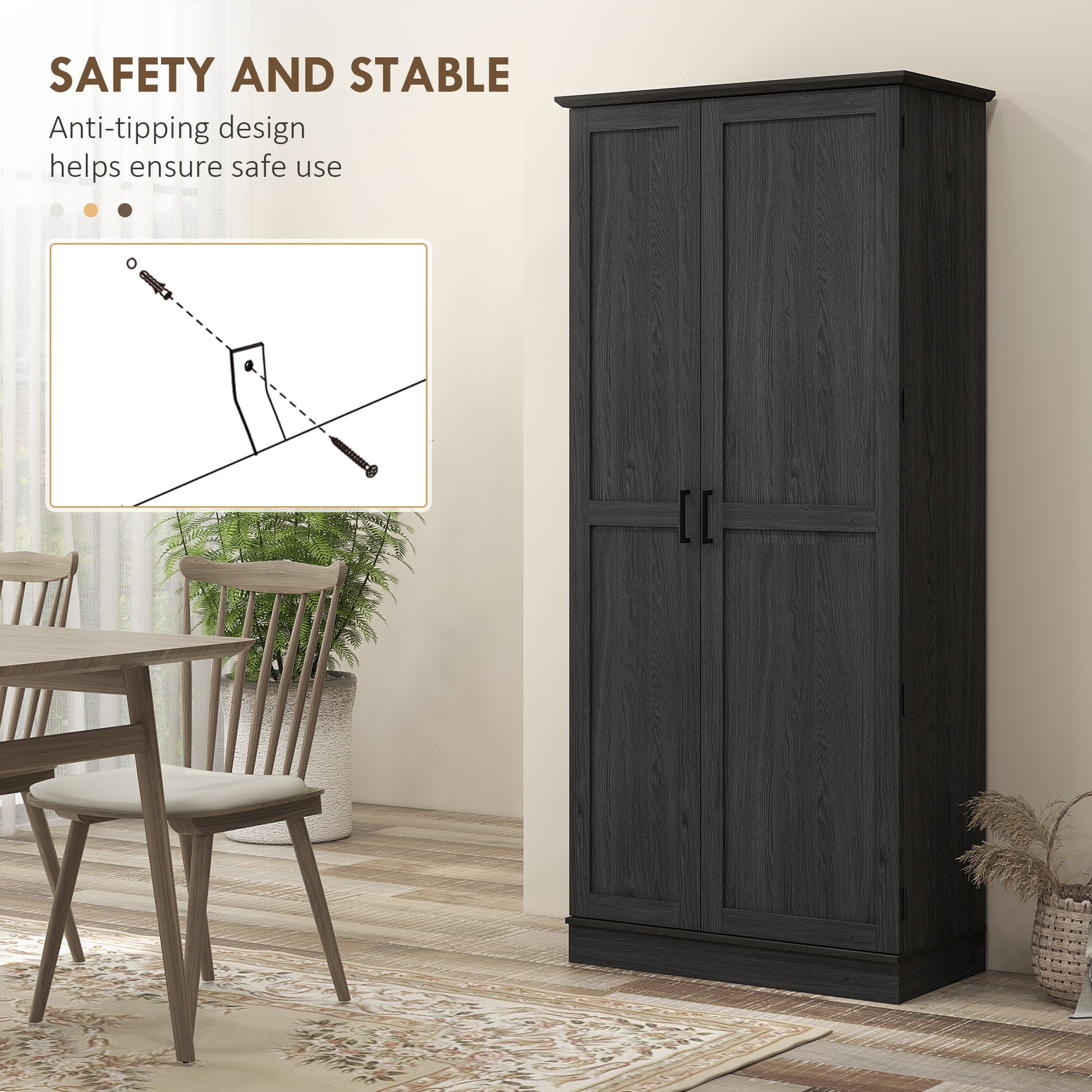 70" Tall Kitchen Pantry Cabinet with Door Shelves and Adjustable Shelves, Black Wood Grain