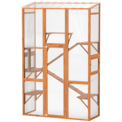 Large Outdoor Catio with 6 Jumping Platforms, Scratching Post, 2 Ramps, Waterproof Roof, Orange