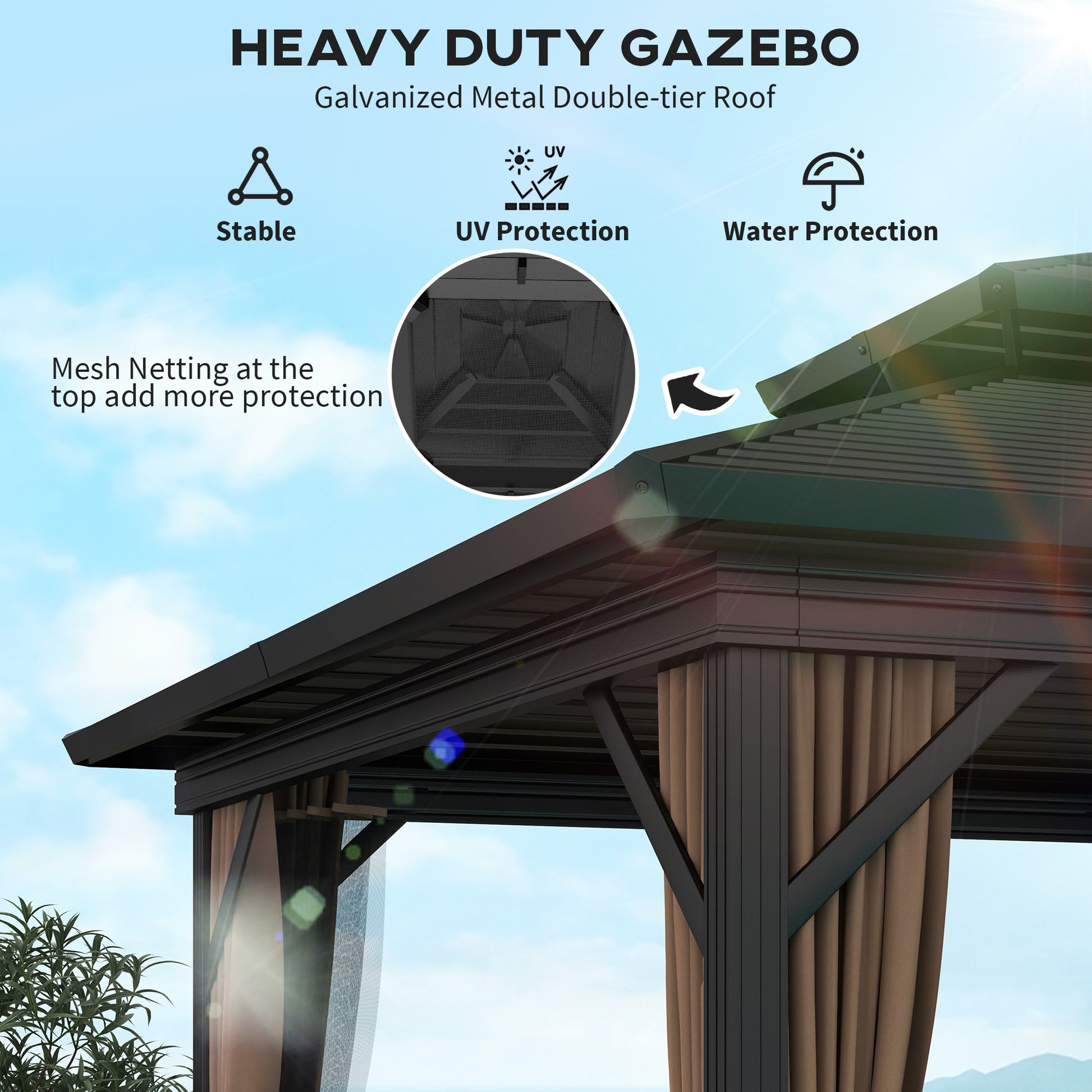 10' x 10' Hardtop Gazebo, Sun Shelter with Double Tier Metal Roof, Mosquito Netting, and Hanging Hook, Dark Brown
