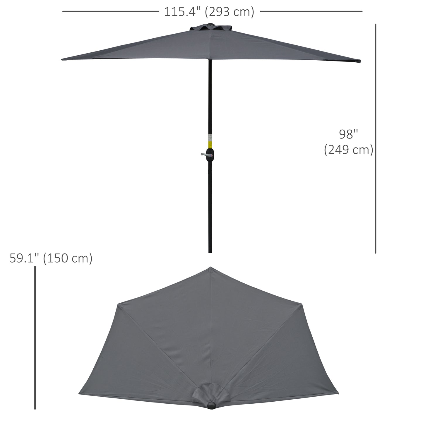 9.8ft Half Umbrella Semi Round Patio Parasol with Crank Handle, Top Vent for Garden, Balcony- NO BASE INCLUDED, Grey