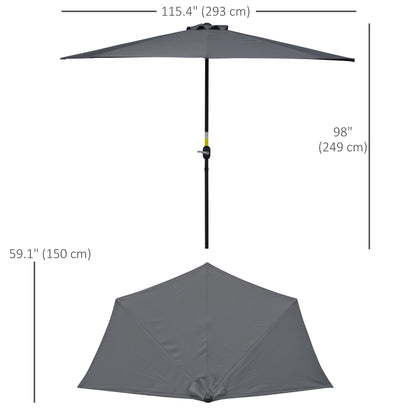 9.8ft Half Umbrella Semi Round Patio Parasol with Crank Handle, Top Vent for Garden, Balcony- NO BASE INCLUDED, Grey